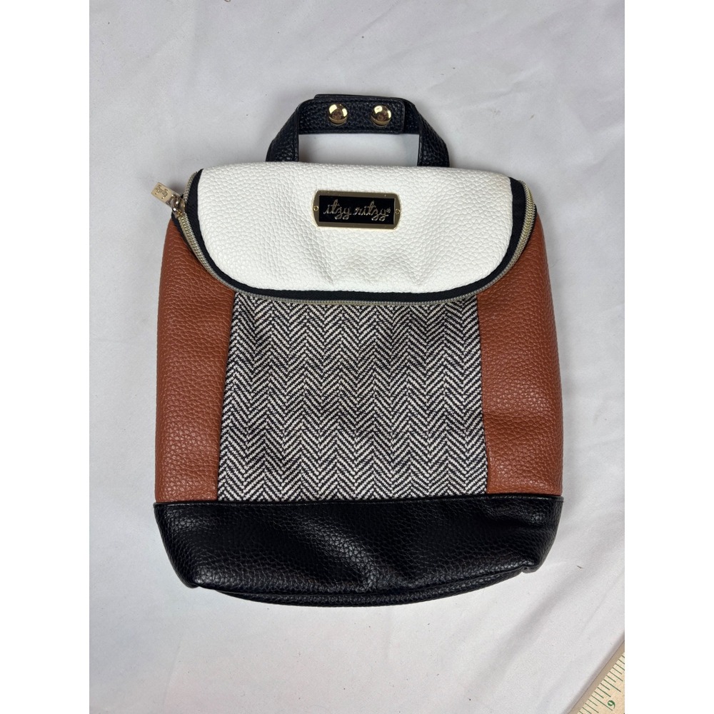 Itzy Ritzy Mini Backpack Diaper Bag Herringbone Pebbled Vegan Leather Brown